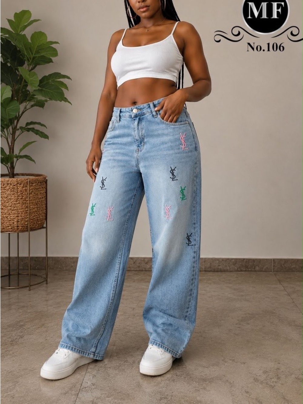 Light Blue Wide-Leg Jeans with Colorful Embroidery